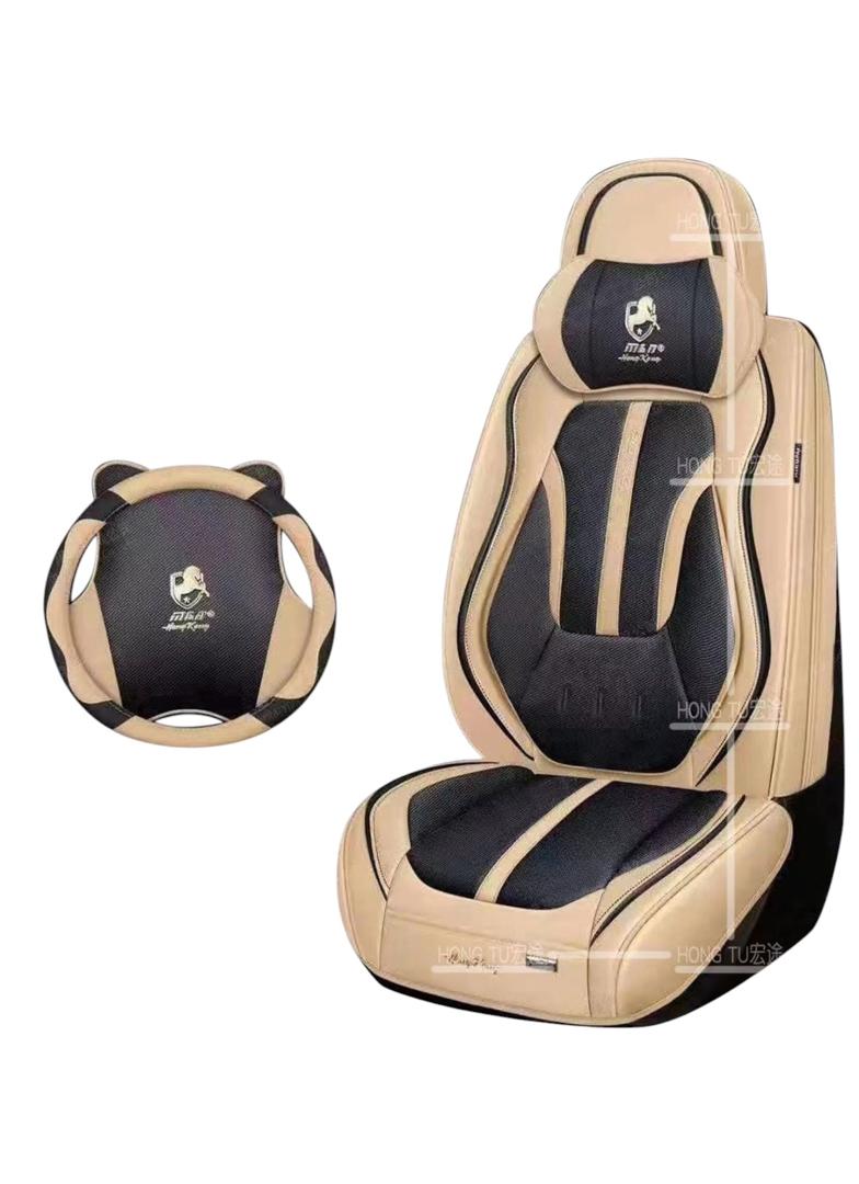 Car Seat Cover Set with Steering Wheel Cover – Beige & Black