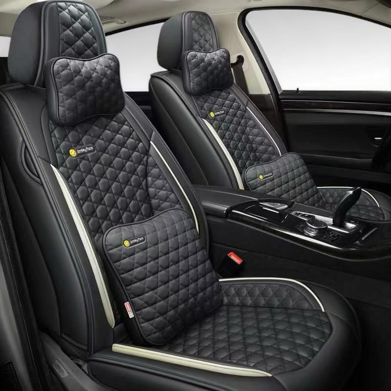 Diamond-Quilted Leather Car Seat Cover Set (Front Pair) – Black with White Piping