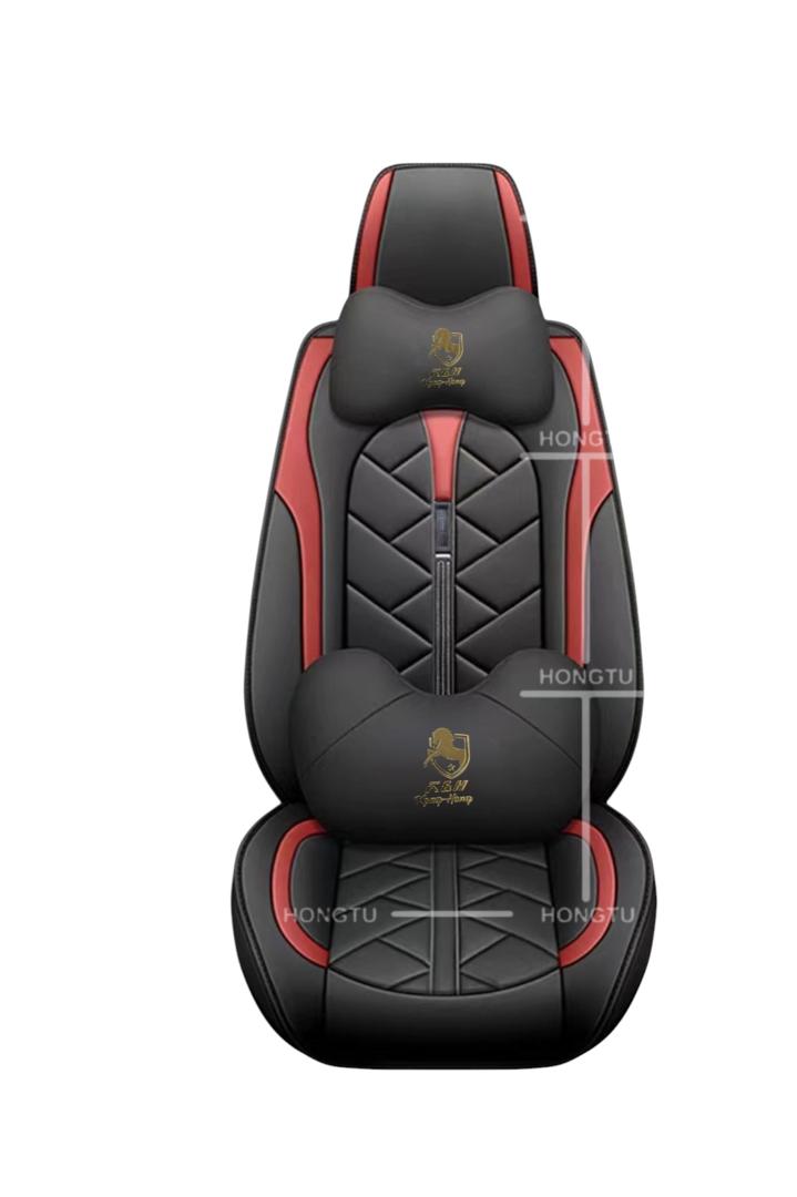 Universal Car Seat Cover Set – Black & Red Leather with Neck & Lumbar Cushions
