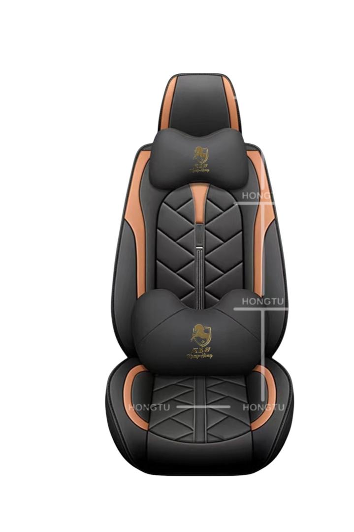 Universal Car Seat Cover Set – Black & Brown Leather Style (Full Set with Neck & Lumbar Cushions)