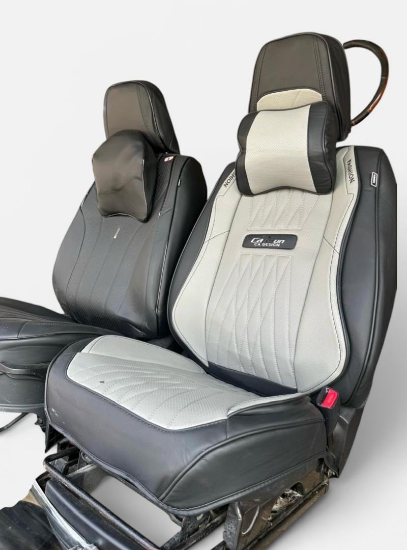 Front Seat Covers Set (Driver & Passenger) – Black & Grey Leather Style
